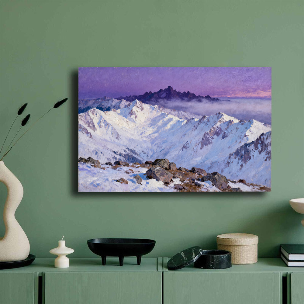 Violet Sky Snow Ridges canvas wall art, mockup on a green wall.