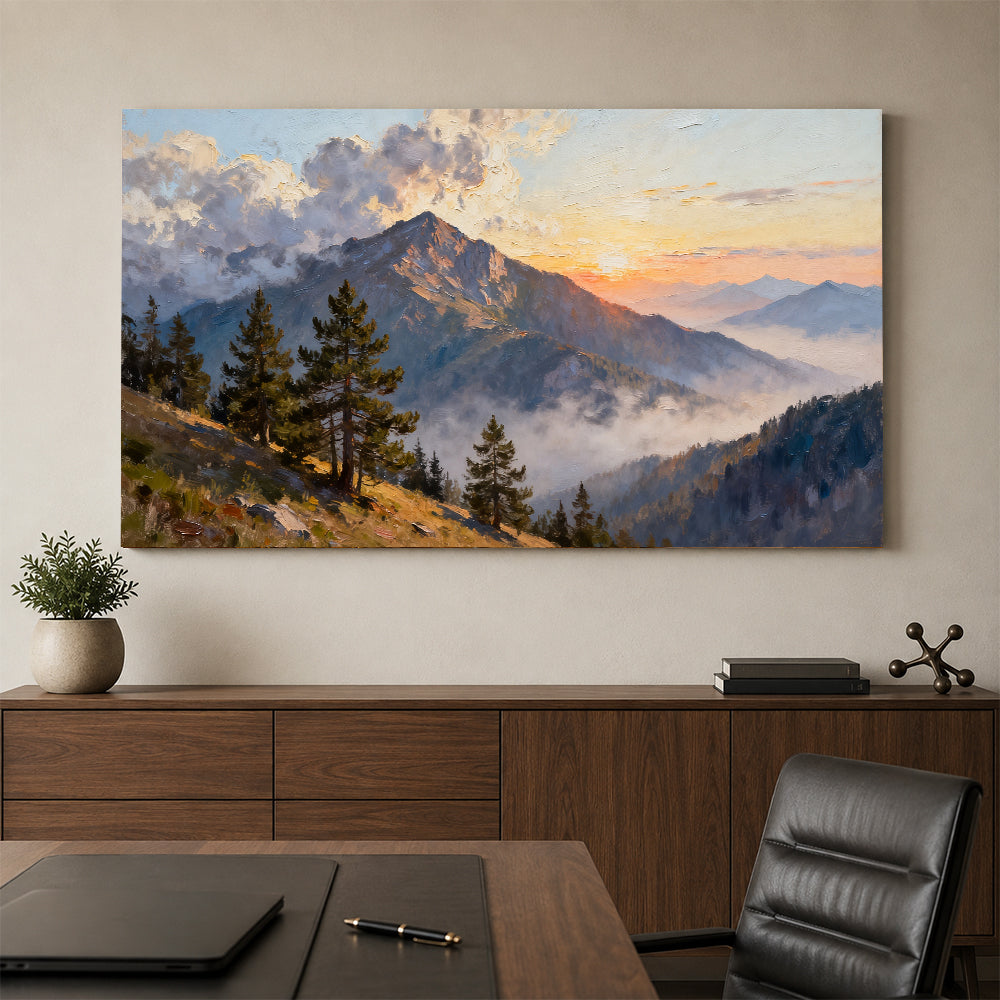Pine Ridge Sunrise canvas wall art, office mockup above a desk.