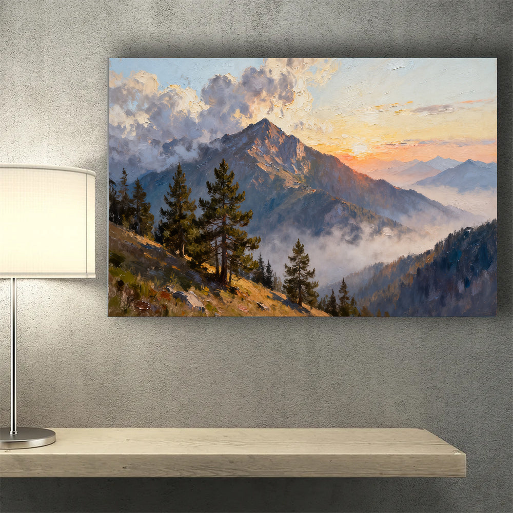 Pine Ridge Sunrise canvas wall art, wall mockup above a console.