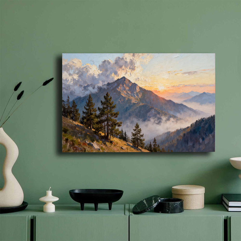 Pine Ridge Sunrise canvas wall art, mockup on a green wall.