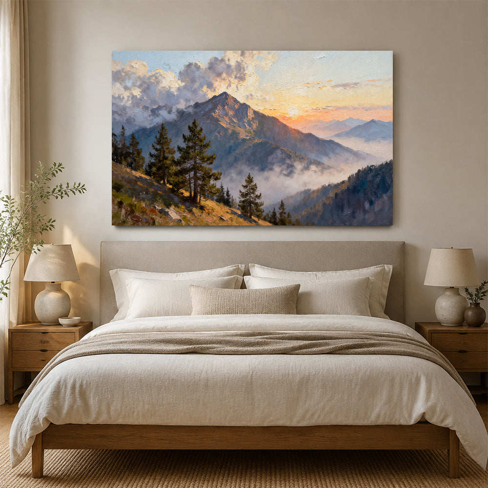 Pine Ridge Sunrise canvas wall art, bedroom mockup above a bed.