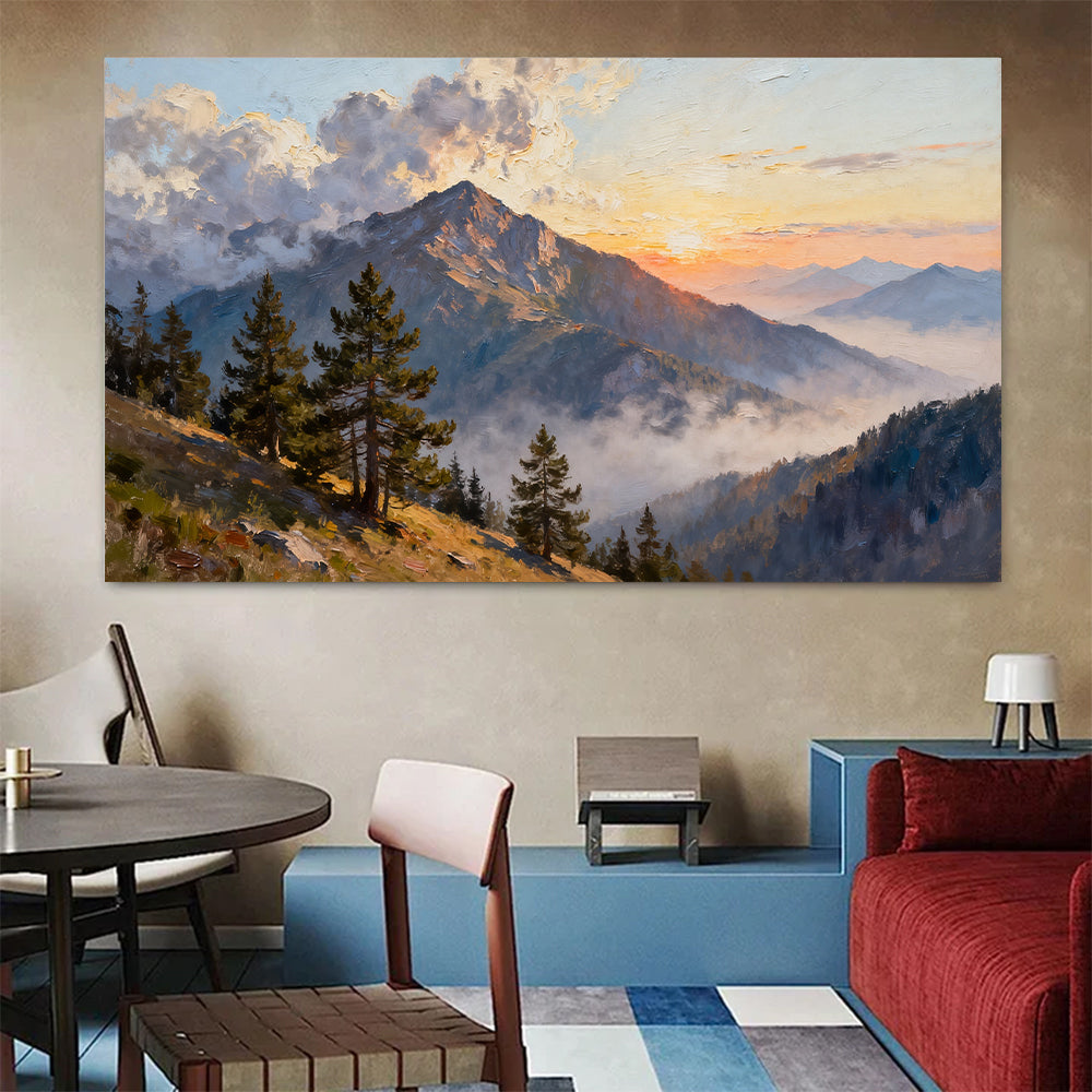 Pine Ridge Sunrise canvas wall art, colorful room mockup.
