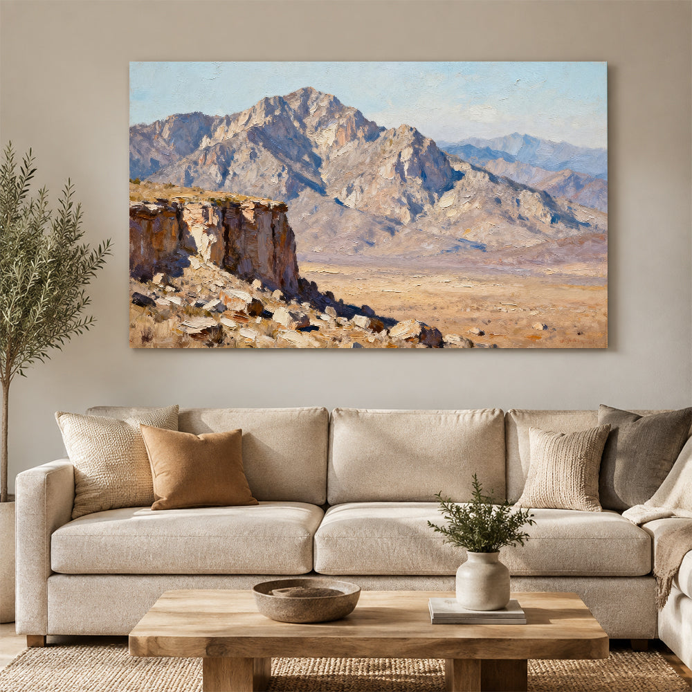 Stone Desert Escarpment canvas wall art, living room mockup above a sofa.
