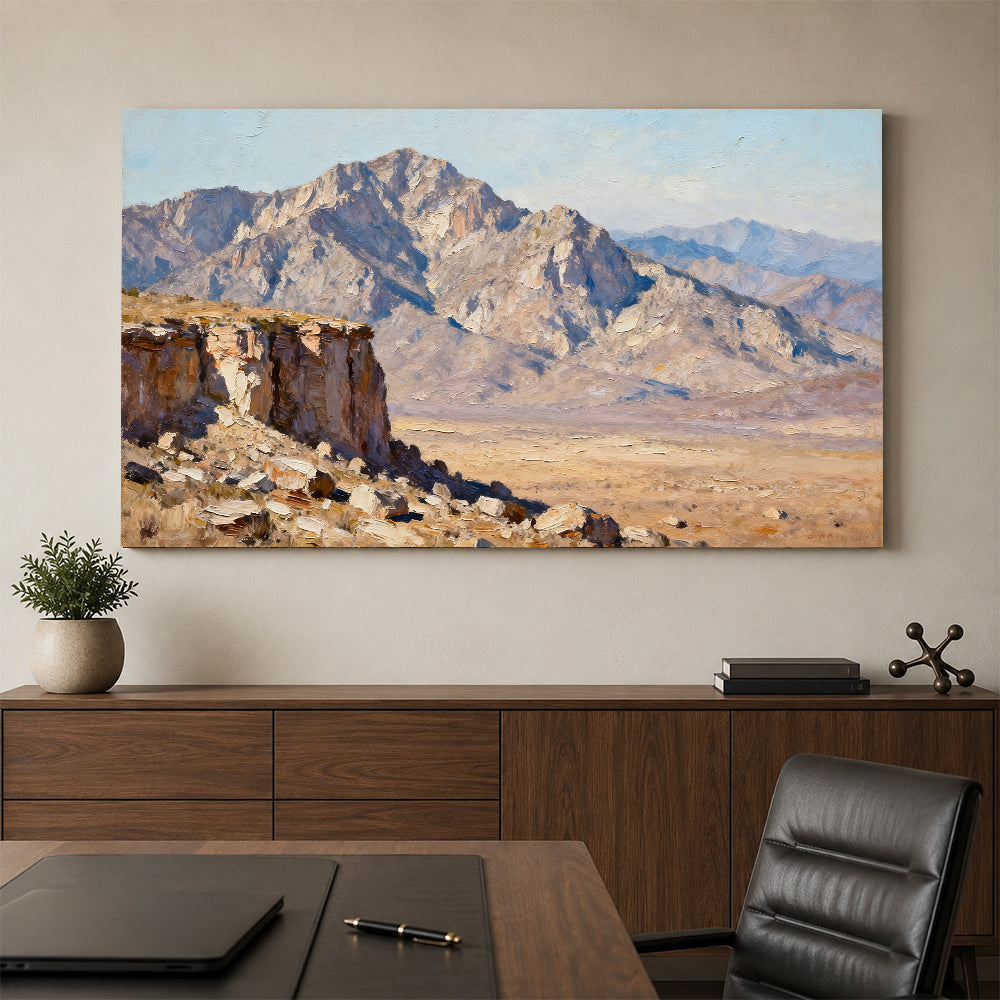 Stone Desert Escarpment canvas wall art, office mockup above a desk.