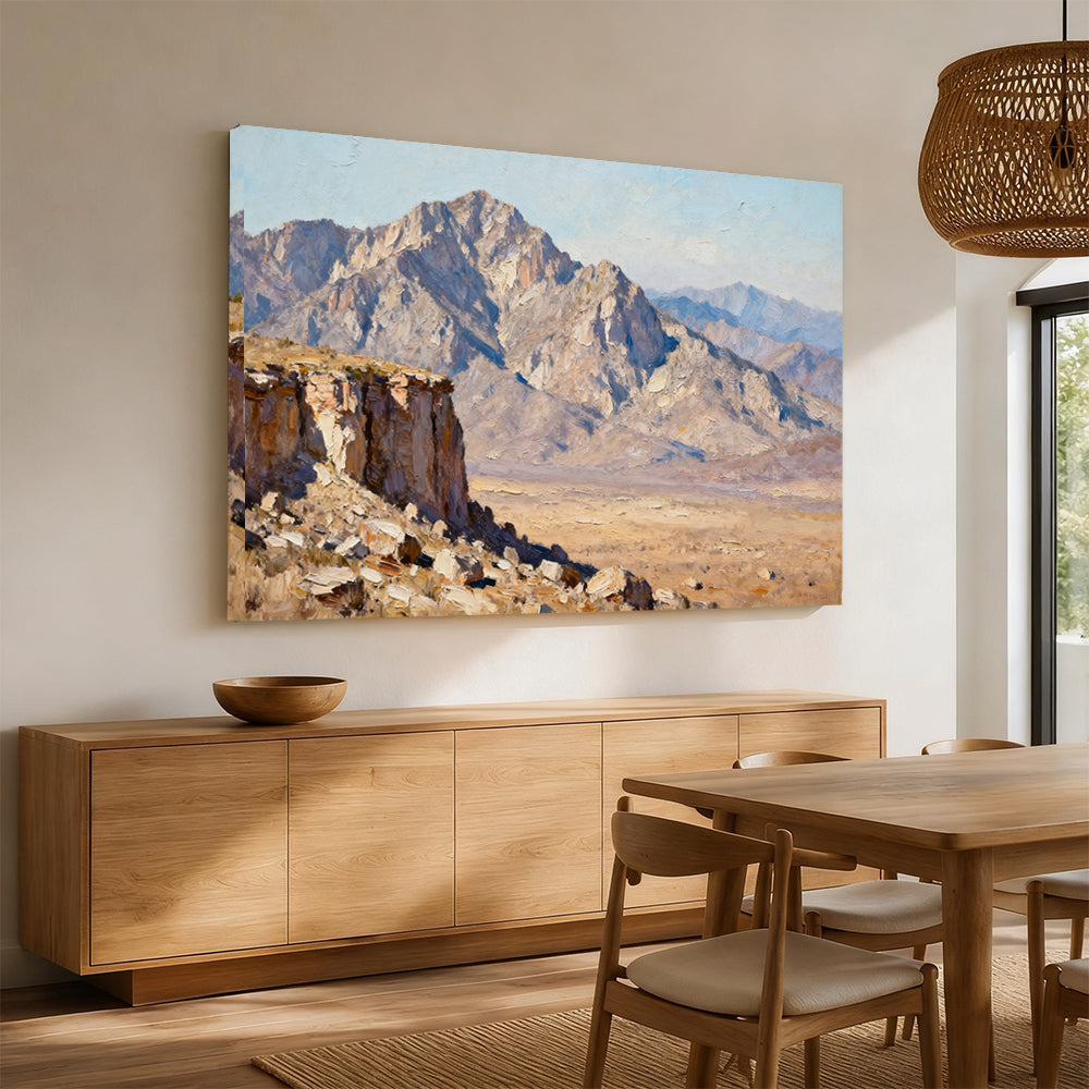 Stone Desert Escarpment canvas wall art, angled mockup above a sideboard.