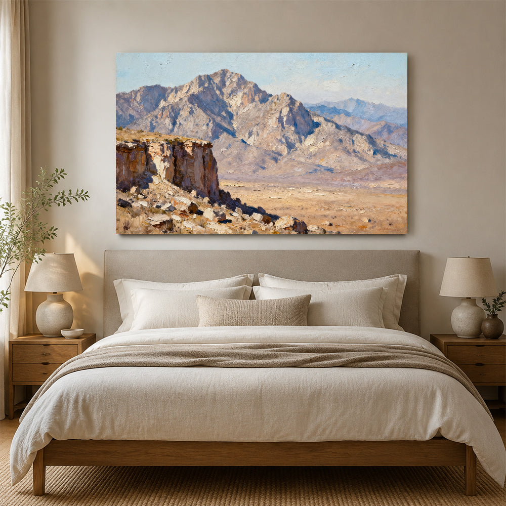 Stone Desert Escarpment canvas wall art, bedroom mockup above a bed.