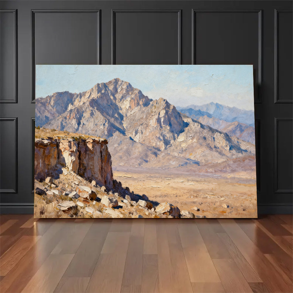 Stone Desert Escarpment canvas wall art, floor display against a dark wall.