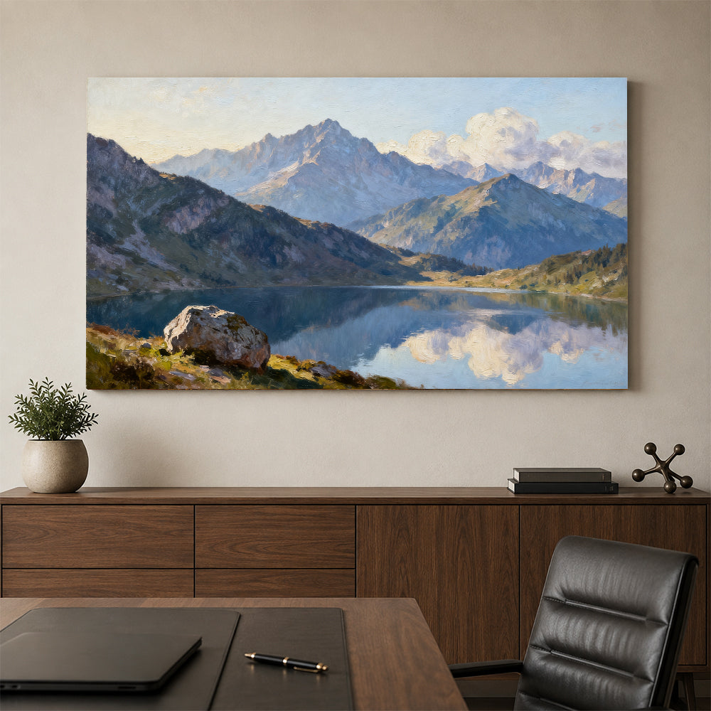 Blue Mountain Reflection canvas wall art, office mockup above a desk.