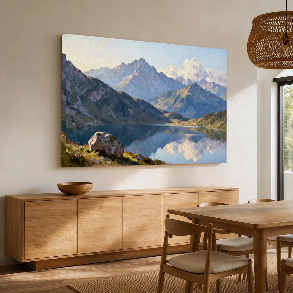 Blue Mountain Reflection canvas wall art, angled mockup above a sideboard.