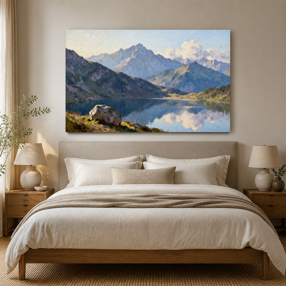 Blue Mountain Reflection canvas wall art, bedroom mockup above a bed.