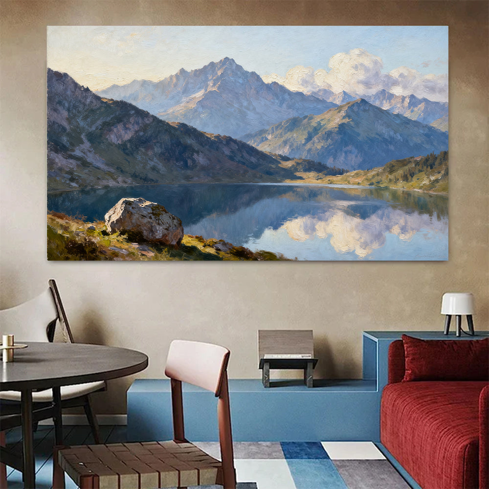 Blue Mountain Reflection canvas wall art, colorful room mockup.