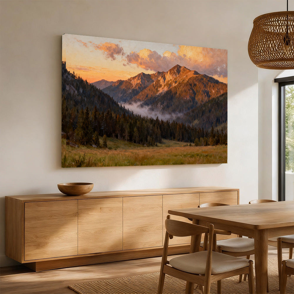 Amber Summit Clearing canvas wall art, angled mockup above a sideboard.