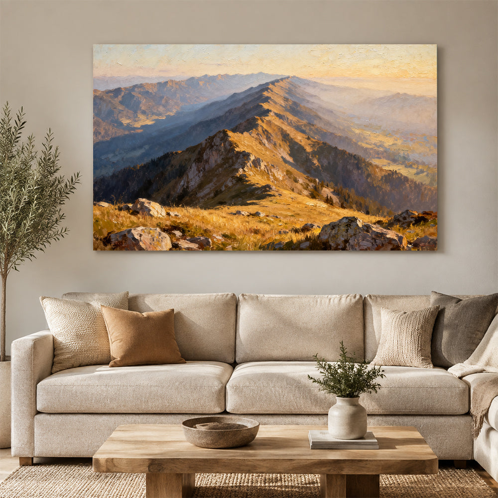 Golden Ridge Trail canvas wall art, living room mockup above a sofa.