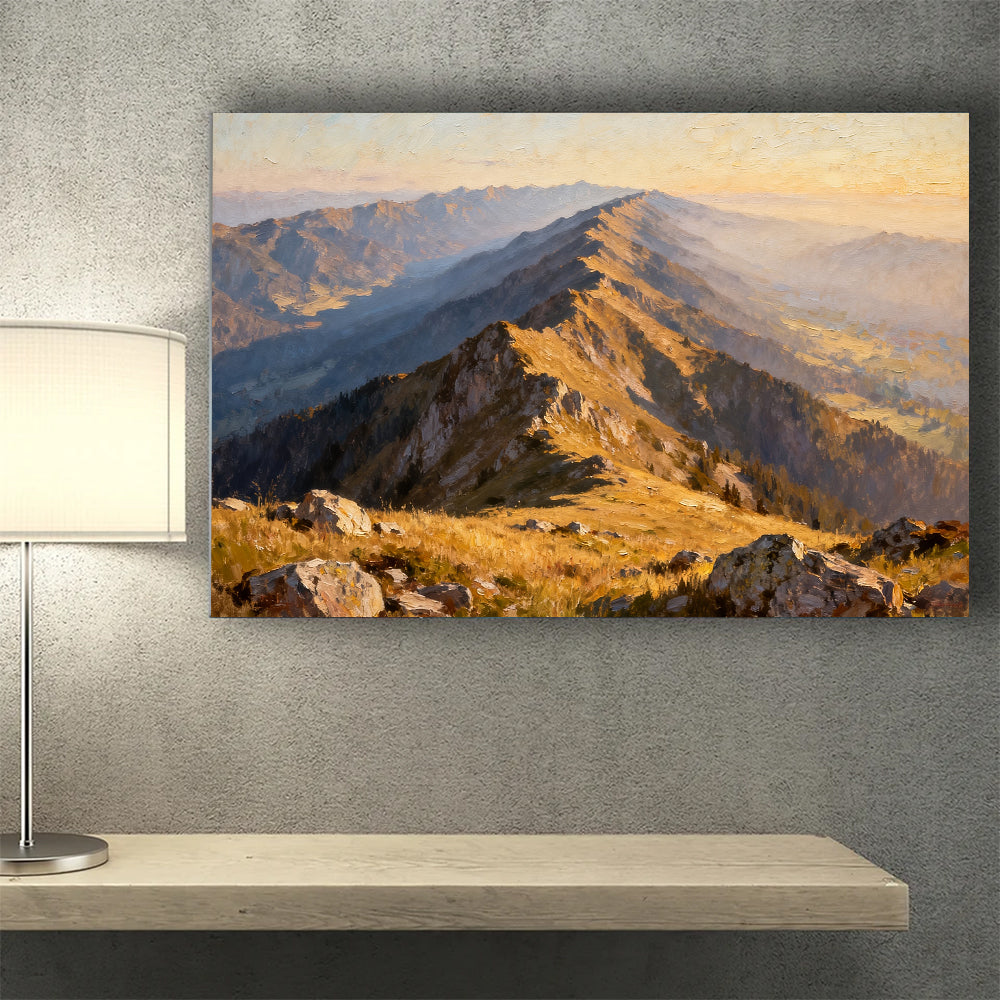 Golden Ridge Trail canvas wall art, wall mockup above a console.