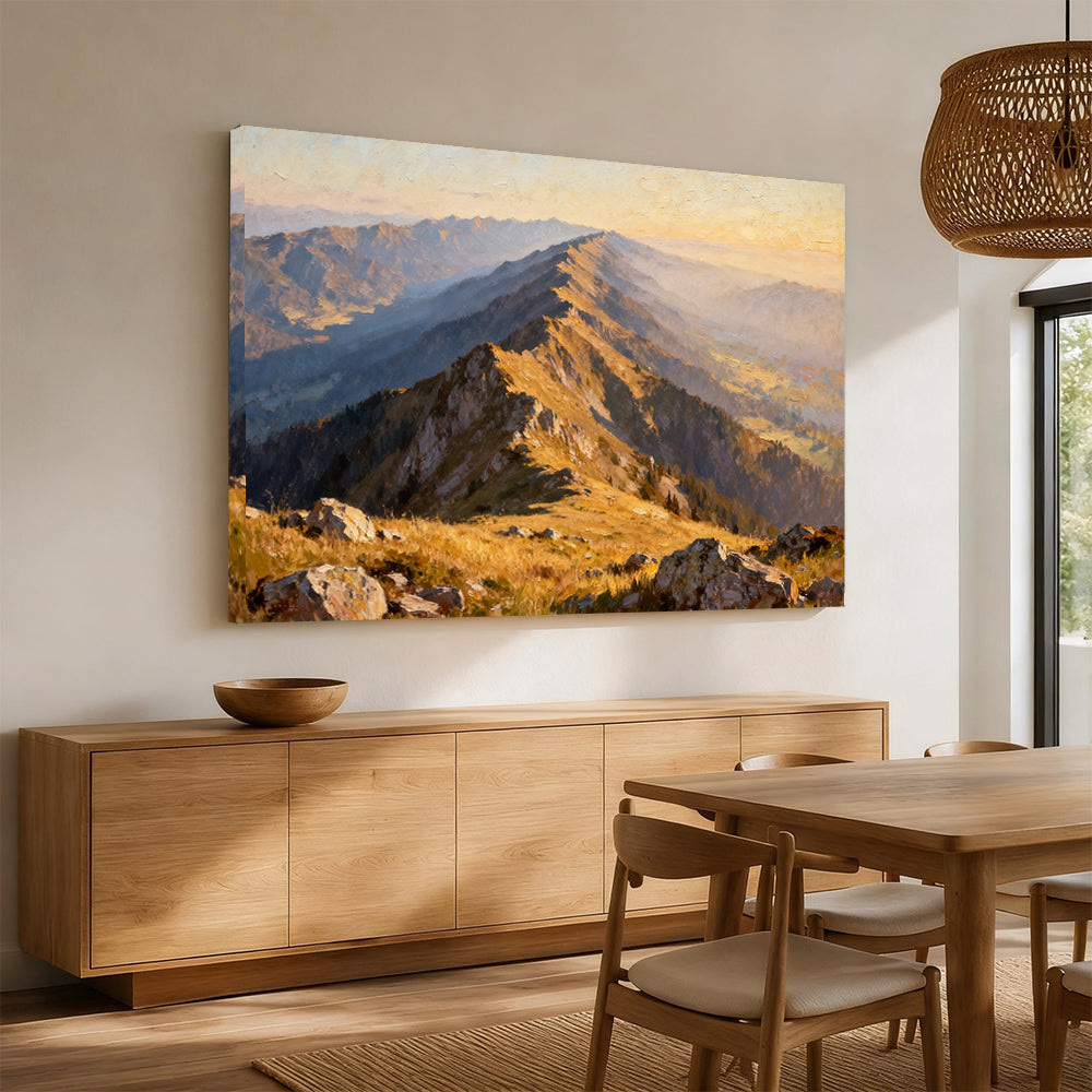 Golden Ridge Trail canvas wall art, angled mockup above a sideboard.