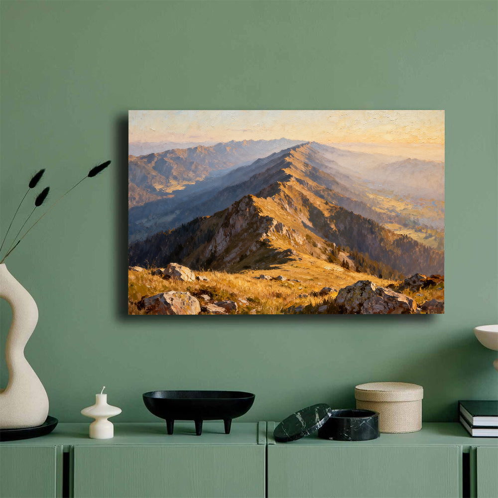 Golden Ridge Trail canvas wall art, mockup on a green wall.