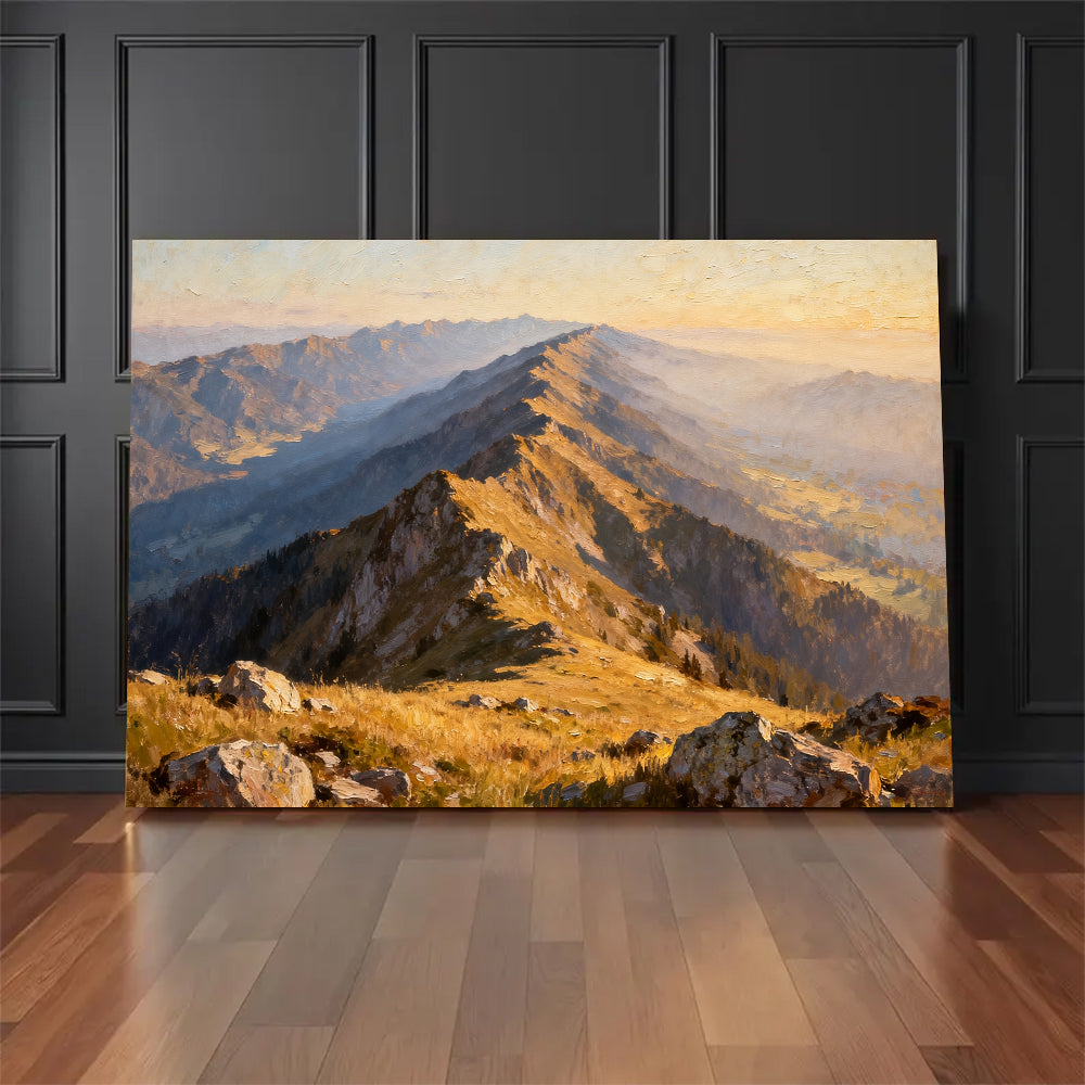 Golden Ridge Trail canvas wall art, floor display against a dark wall.