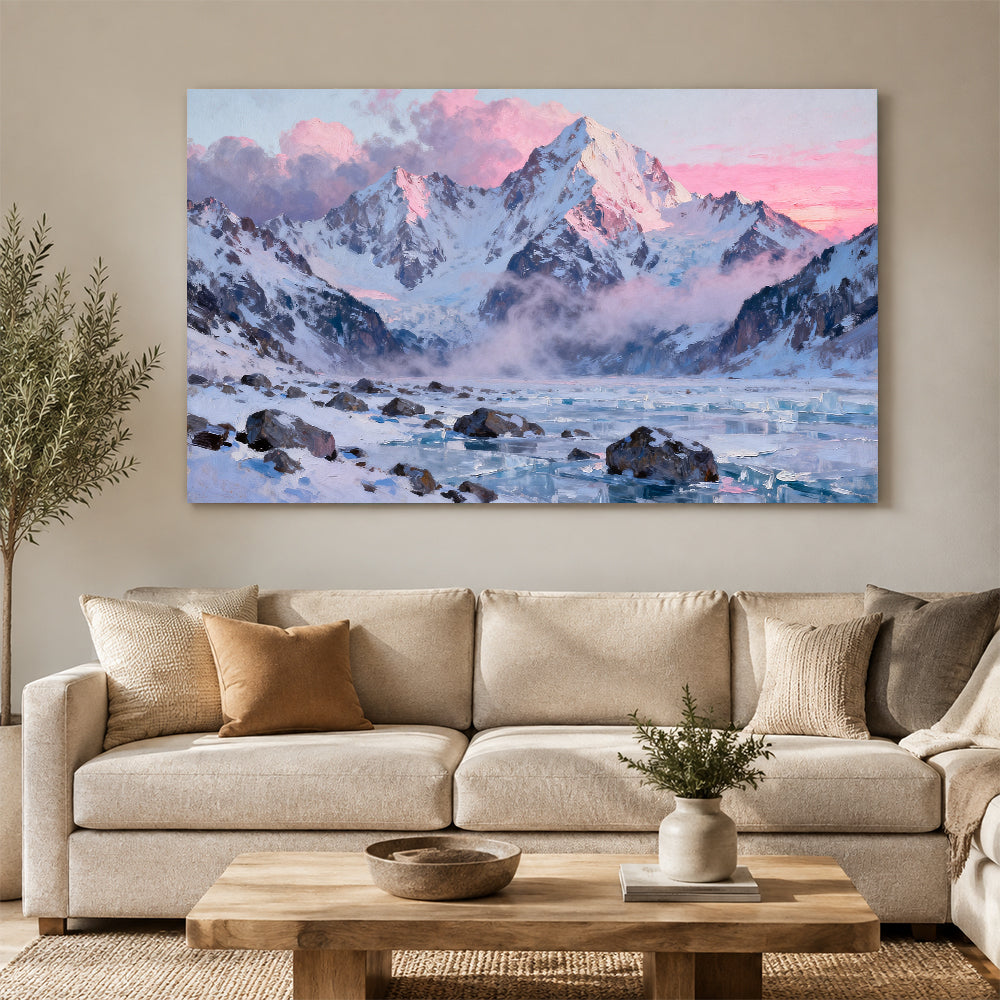 Pink Glacier Morning canvas wall art, living room mockup above a sofa.