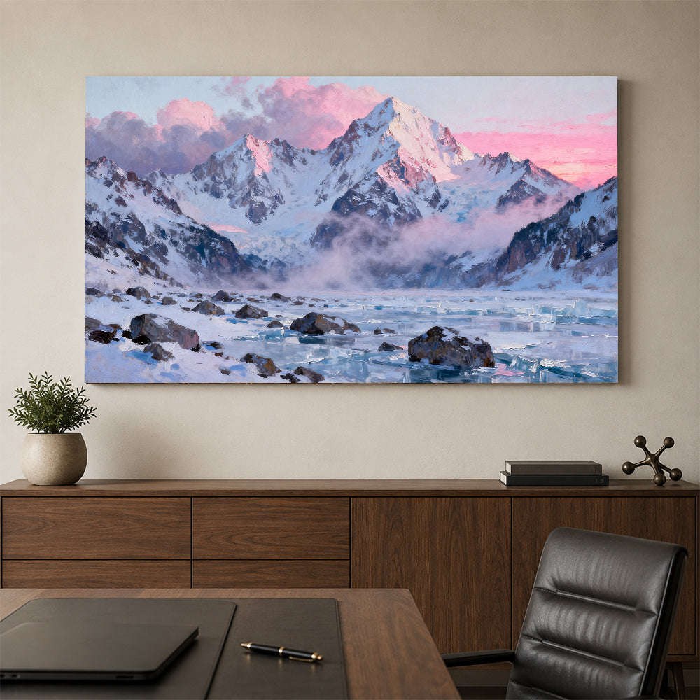 Pink Glacier Morning canvas wall art, office mockup above a desk.