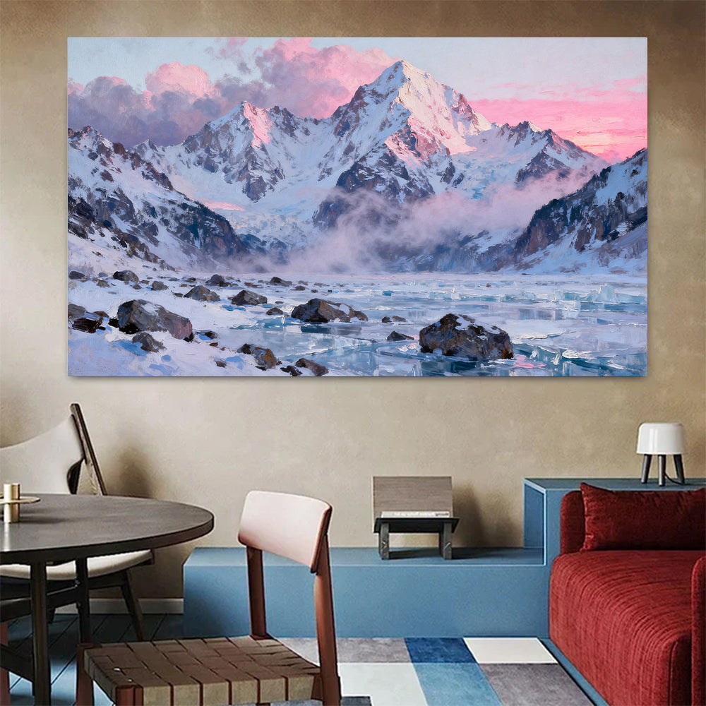 Pink Glacier Morning canvas wall art, colorful room mockup.
