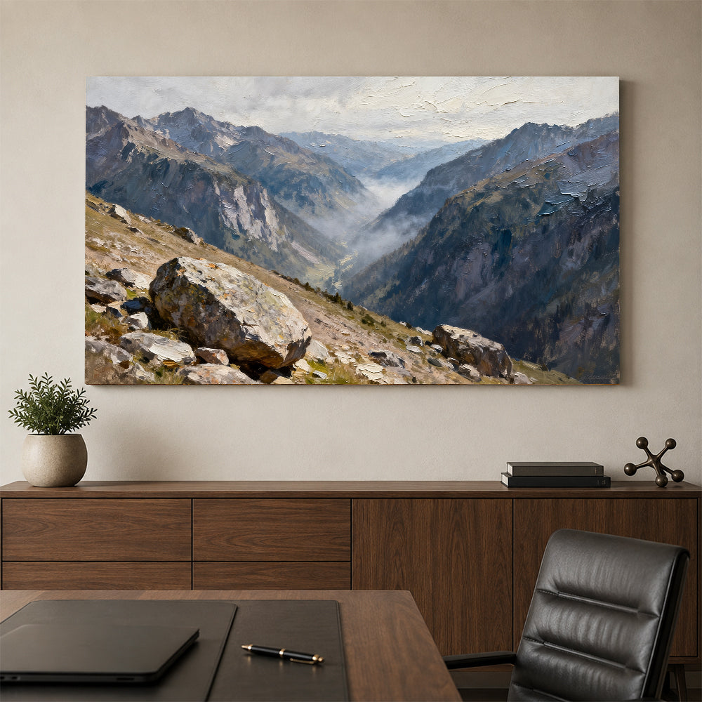 High Valley Stone Vista canvas wall art, office mockup above a desk.