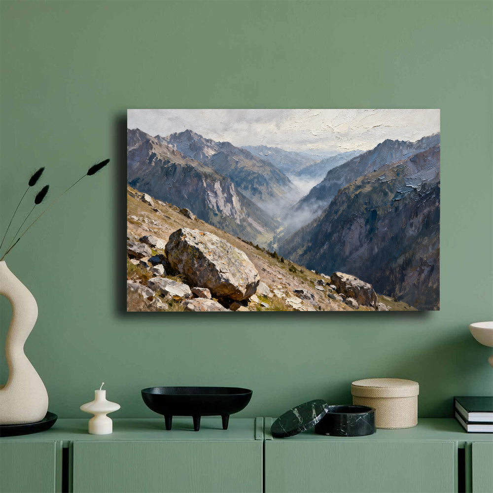 High Valley Stone Vista canvas wall art, mockup on a green wall.