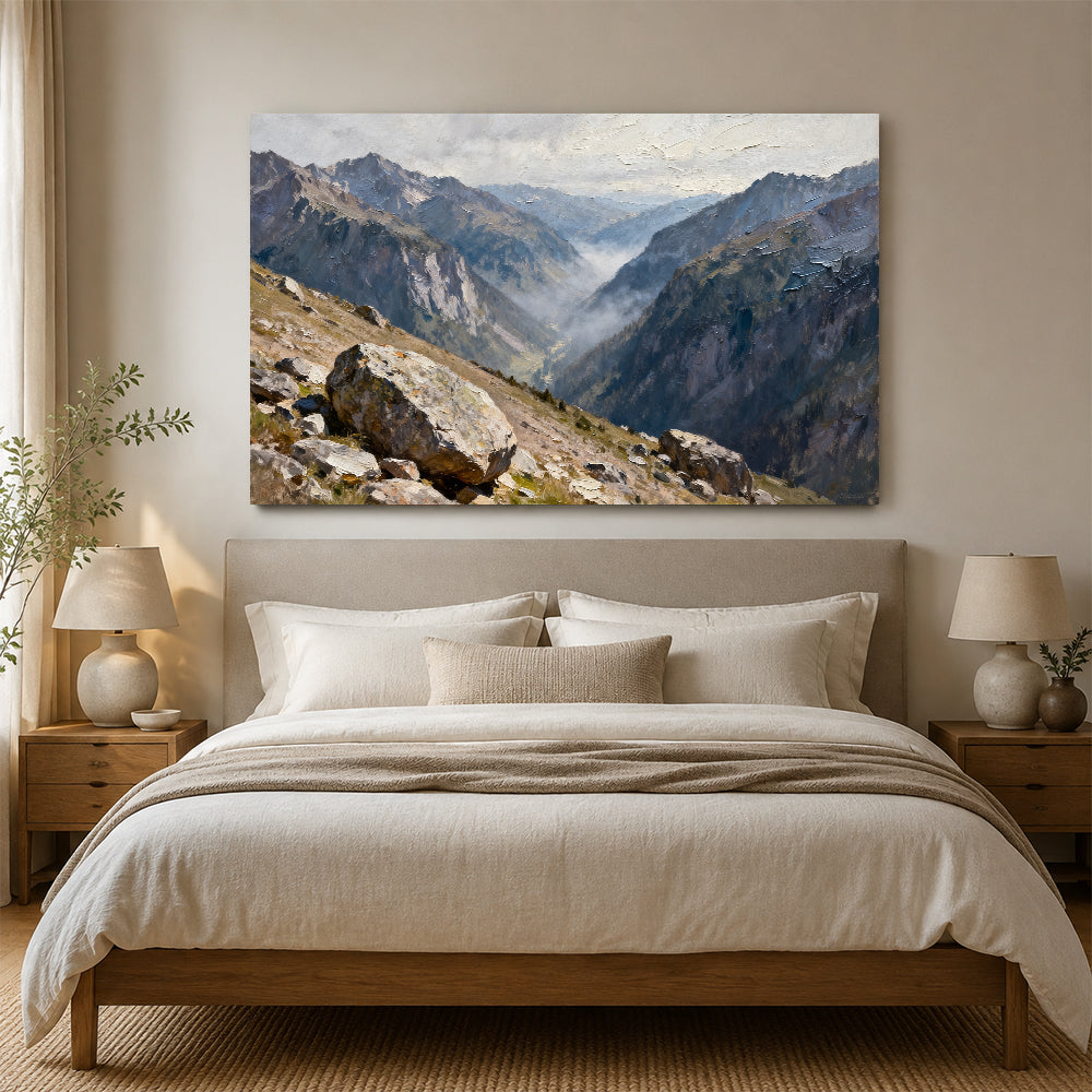 High Valley Stone Vista canvas wall art, bedroom mockup above a bed.