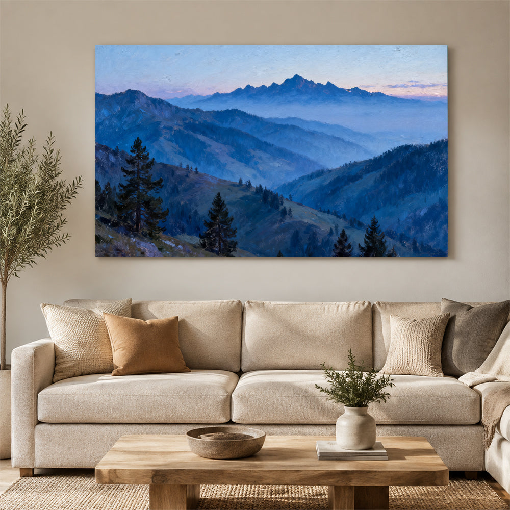 Blue Hour Pine Ridges canvas wall art, living room mockup above a sofa.