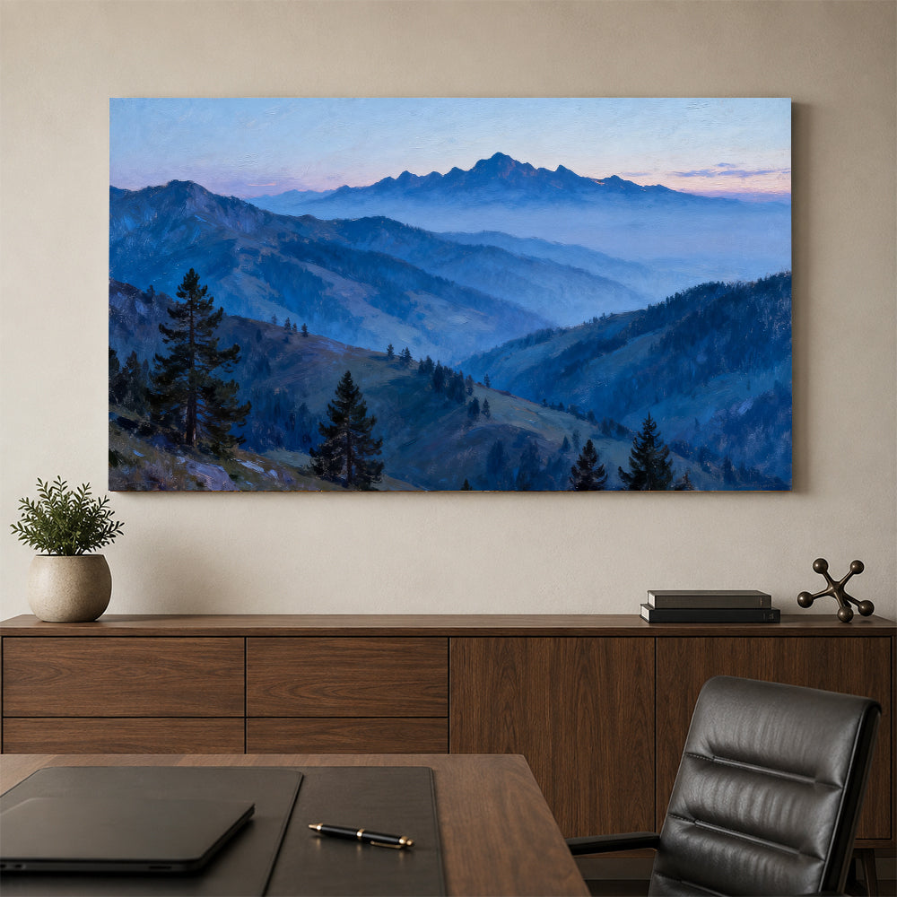 Blue Hour Pine Ridges canvas wall art, office mockup above a desk.