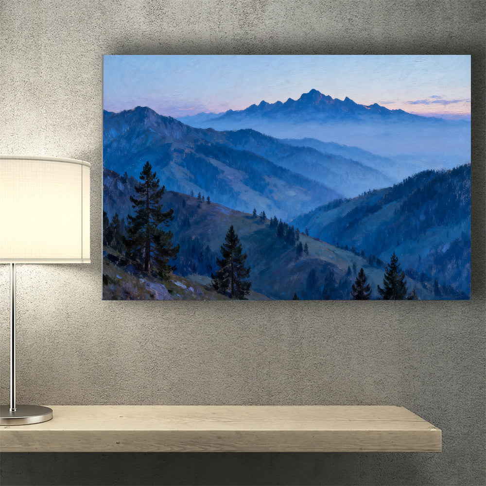 Blue Hour Pine Ridges canvas wall art, wall mockup above a console.