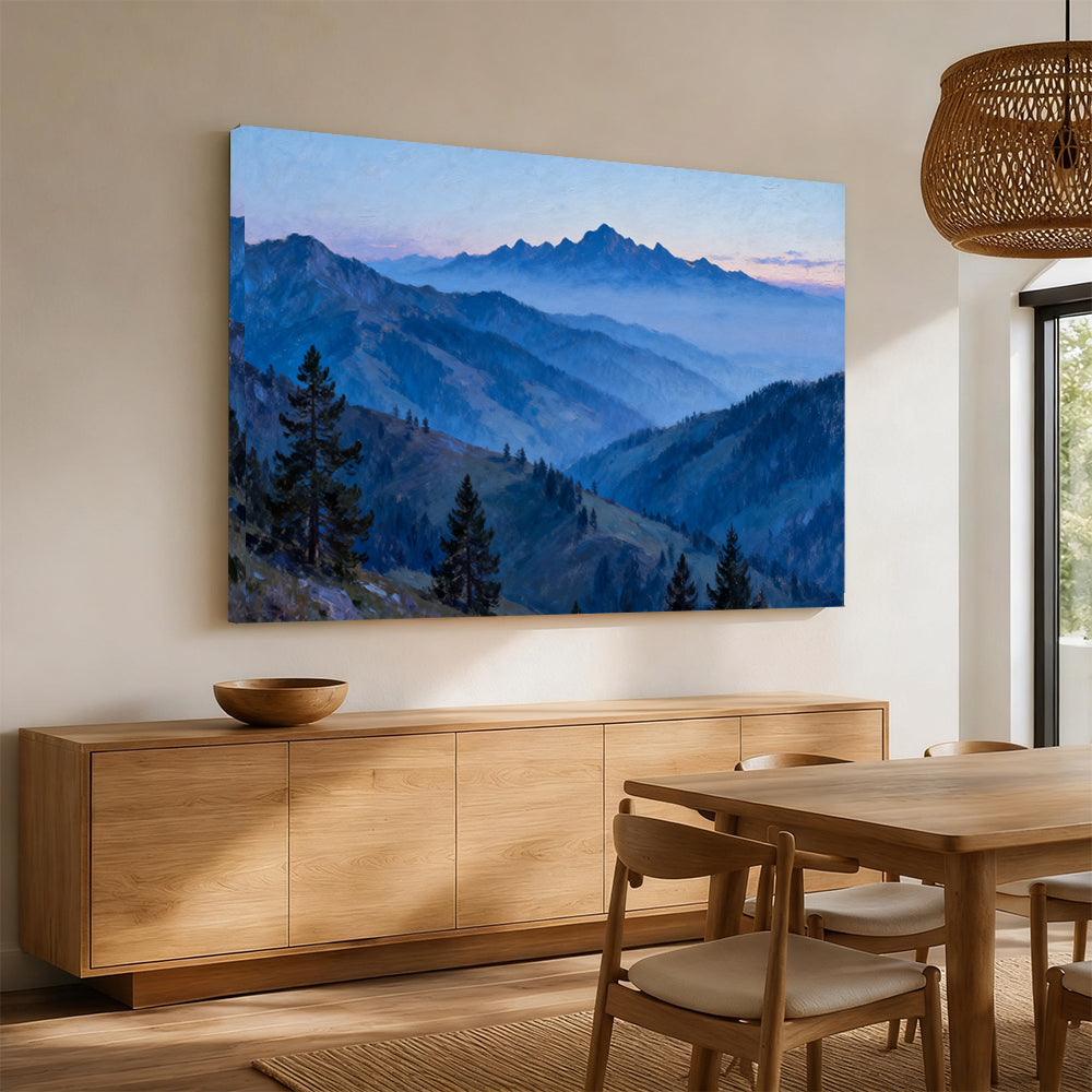 Blue Hour Pine Ridges canvas wall art, angled mockup above a sideboard.