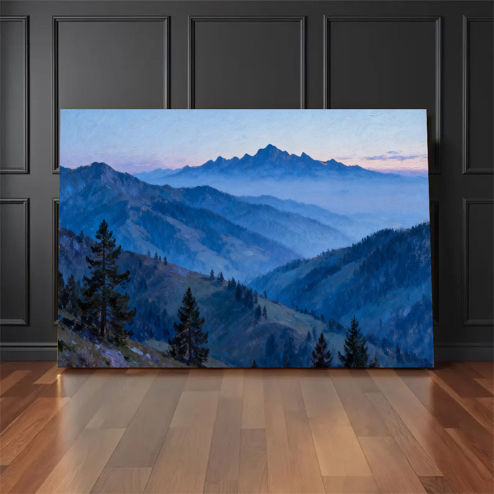 Blue Hour Pine Ridges canvas wall art, floor display against a dark wall.