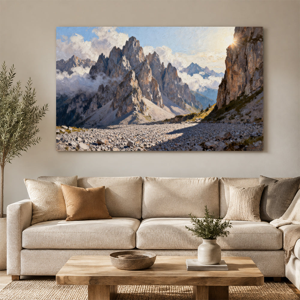 Granite Spires and Cloud canvas wall art, living room mockup above a sofa.