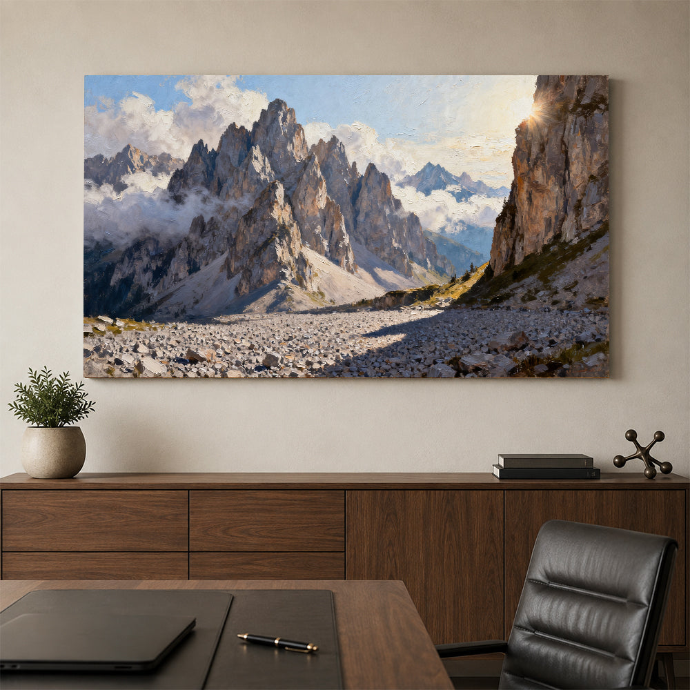 Granite Spires and Cloud canvas wall art, office mockup above a desk.