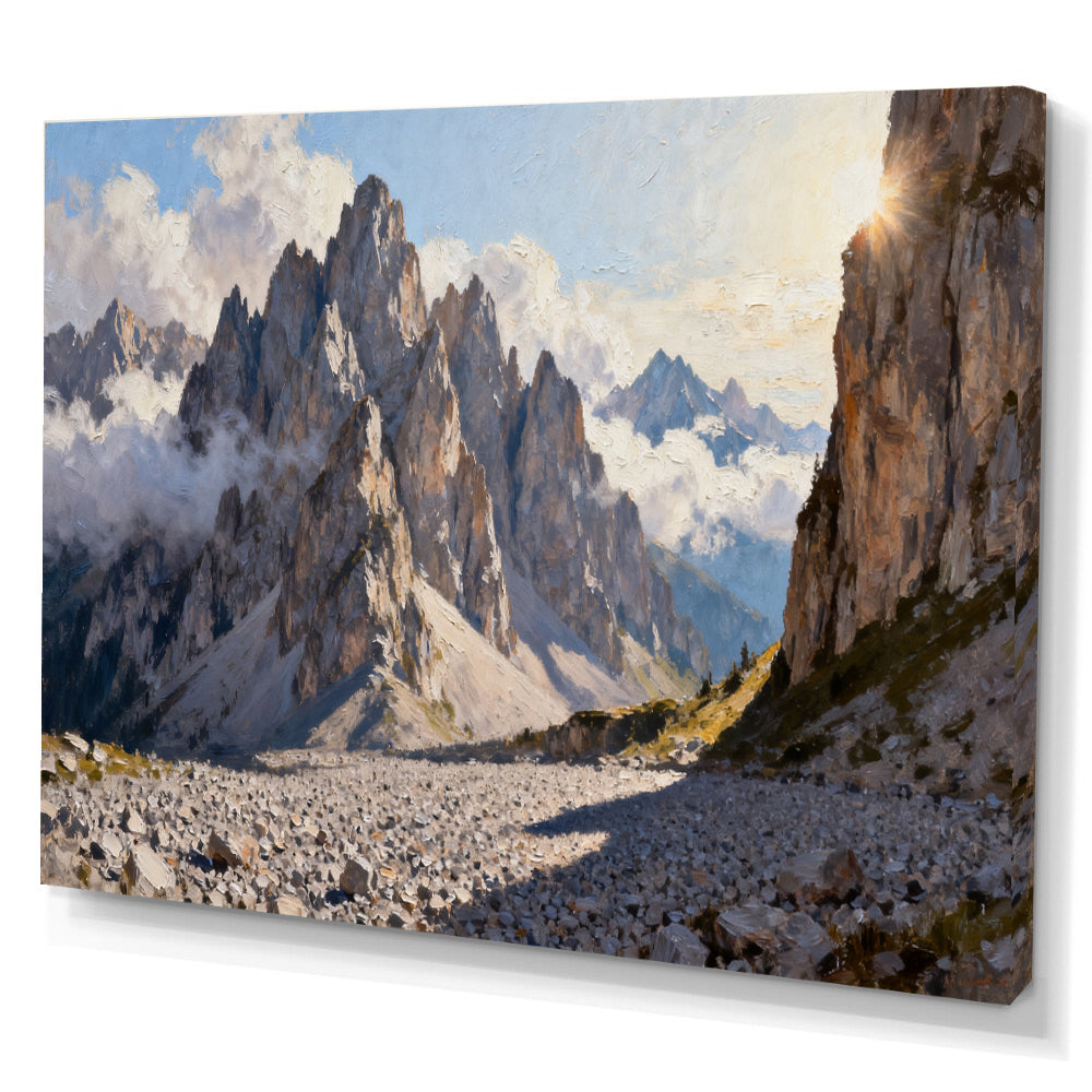 Granite Spires and Cloud canvas wall art, angled canvas mockup on a white background.