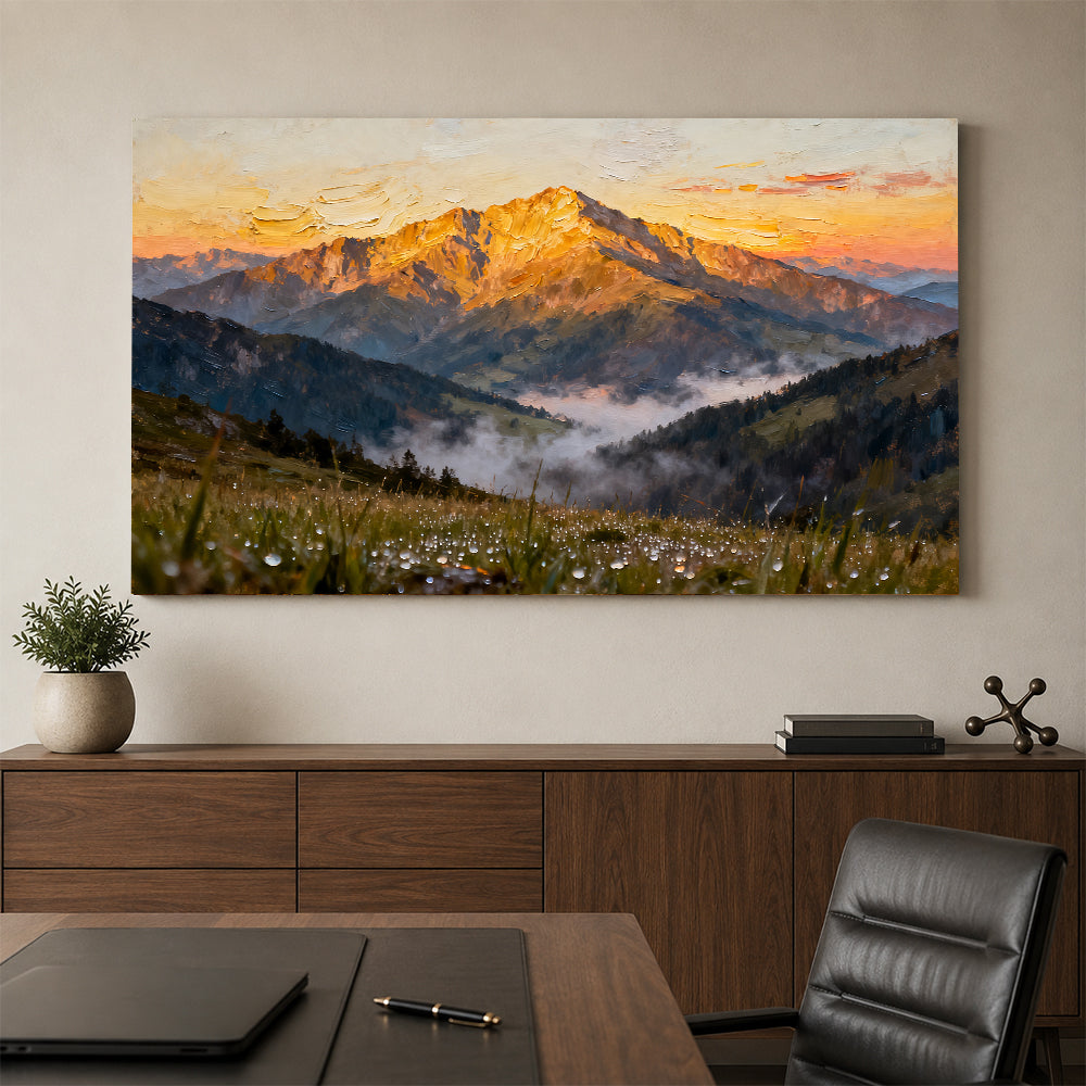 Sunlit Summit Meadow canvas wall art, office mockup above a desk.