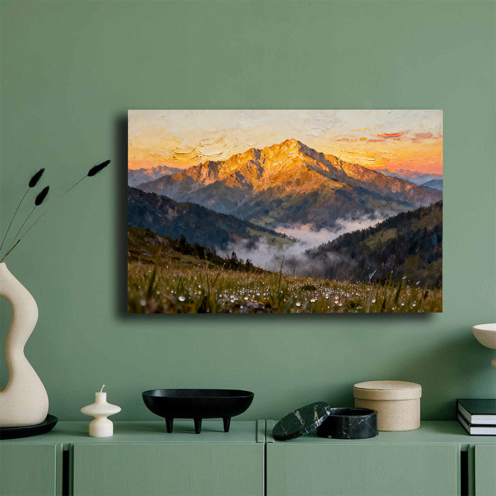 Sunlit Summit Meadow canvas wall art, mockup on a green wall.