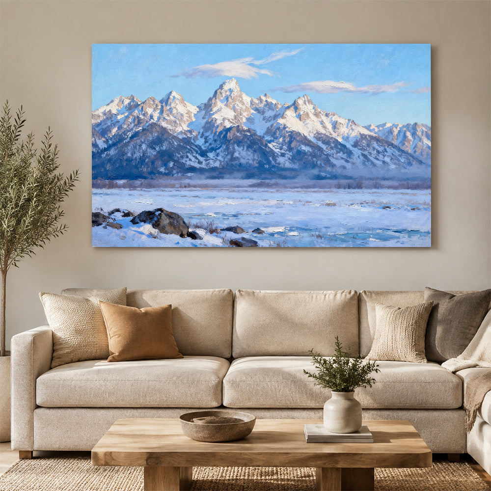 Clear Winter Peaks canvas wall art, living room mockup above a sofa.