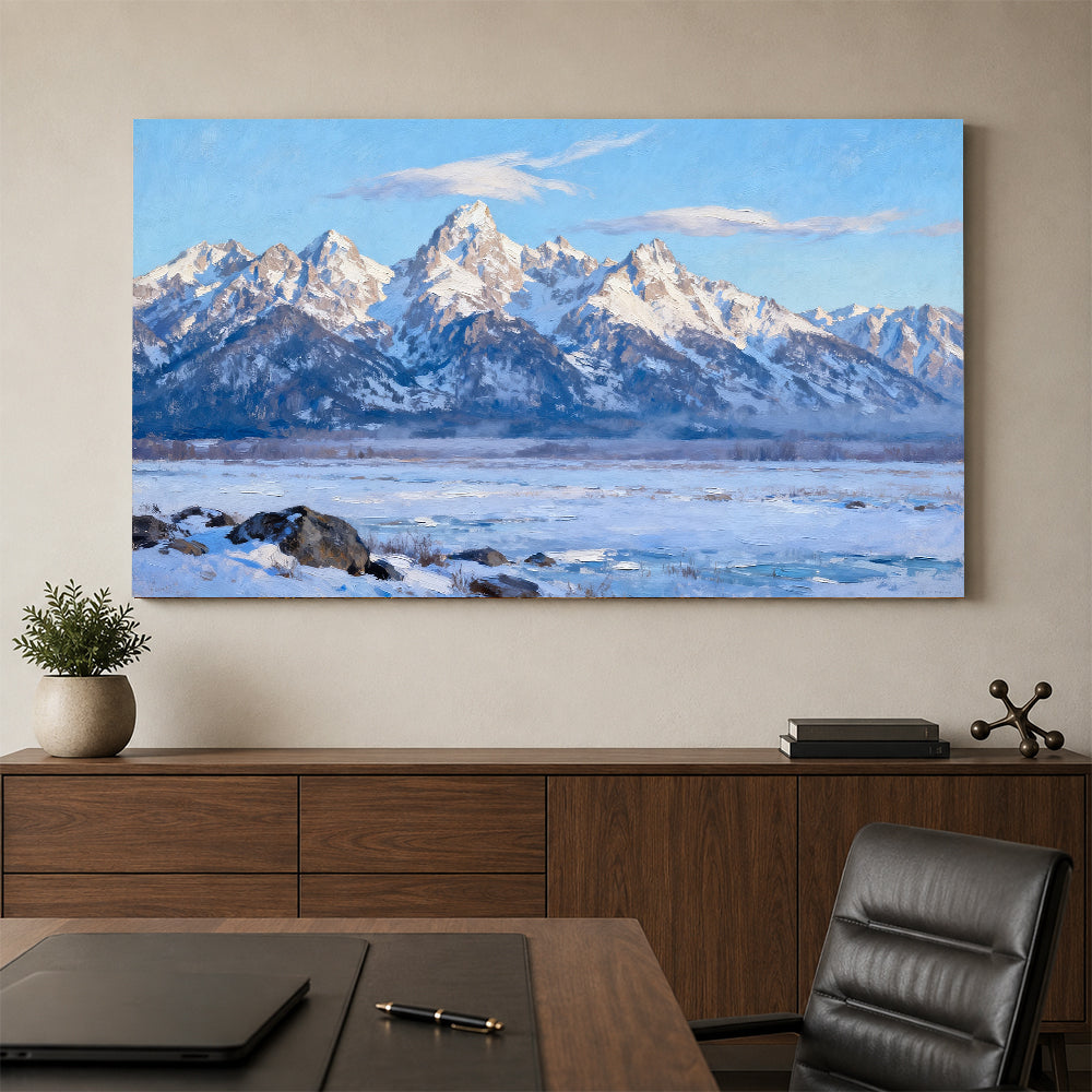 Clear Winter Peaks canvas wall art, office mockup above a desk.