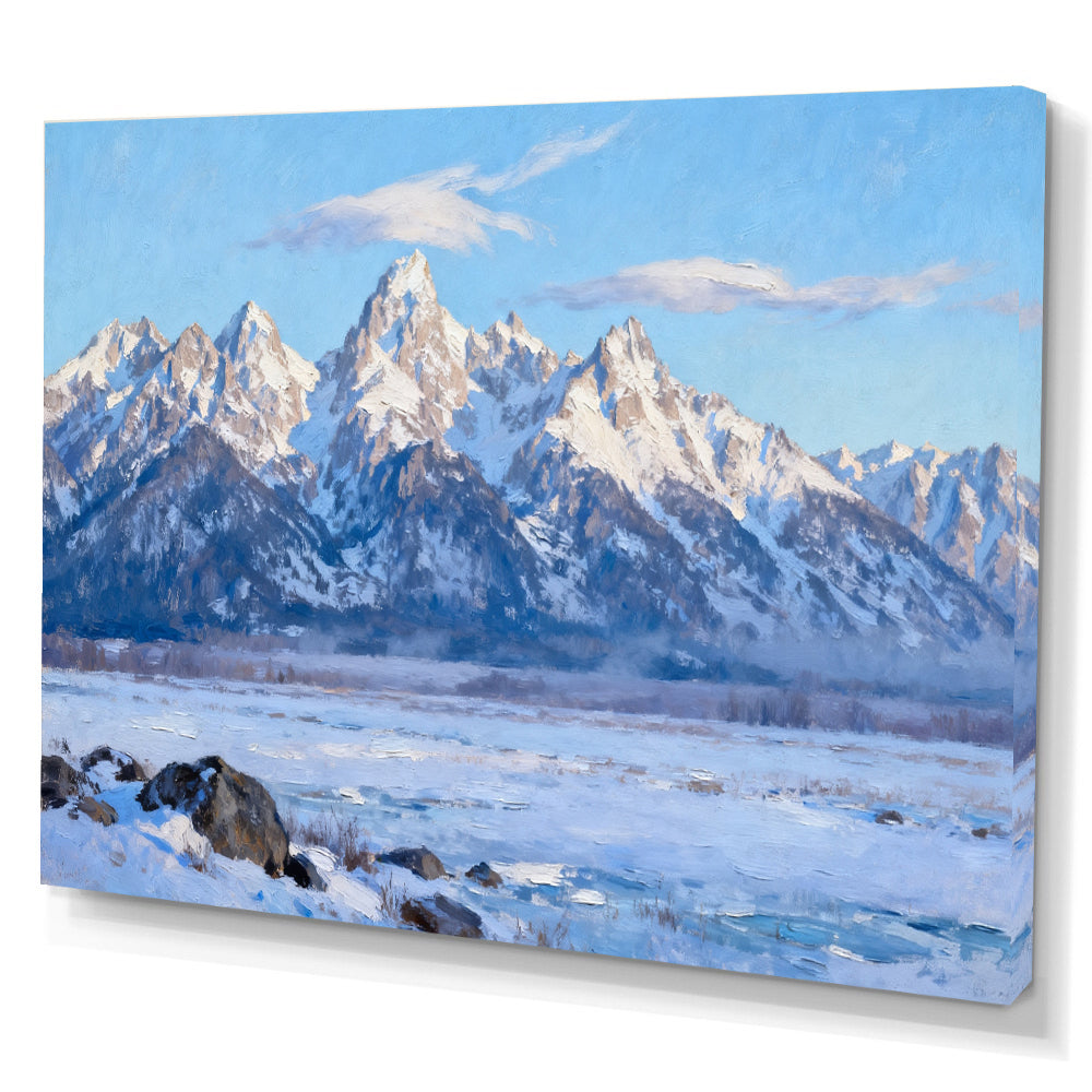Clear Winter Peaks canvas wall art, angled canvas mockup on a white background.