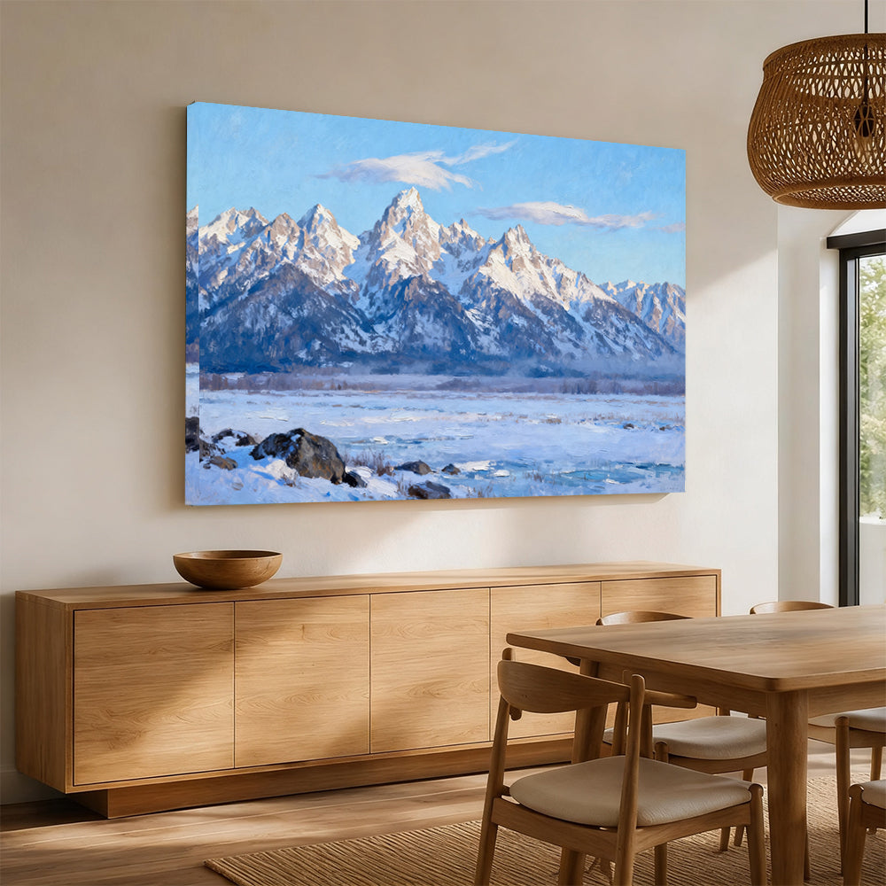 Clear Winter Peaks canvas wall art, angled mockup above a sideboard.