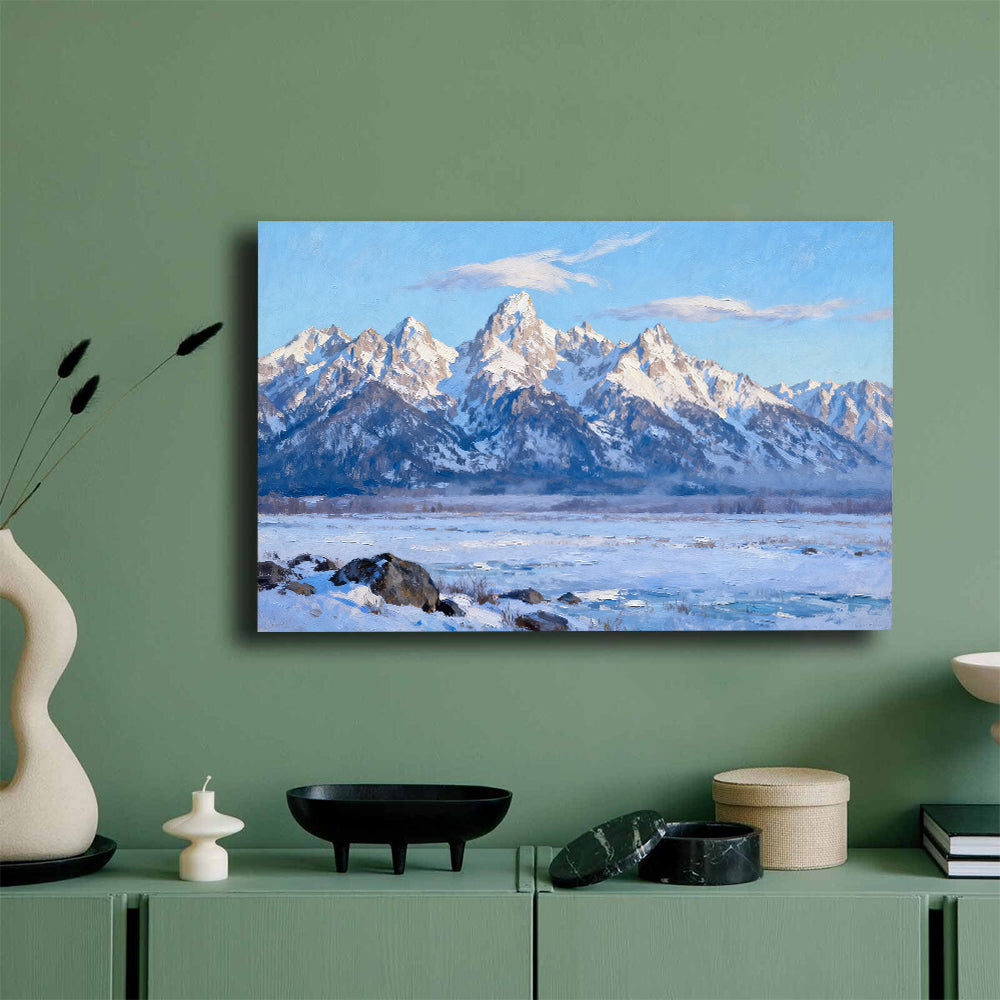 Clear Winter Peaks canvas wall art, mockup on a green wall.