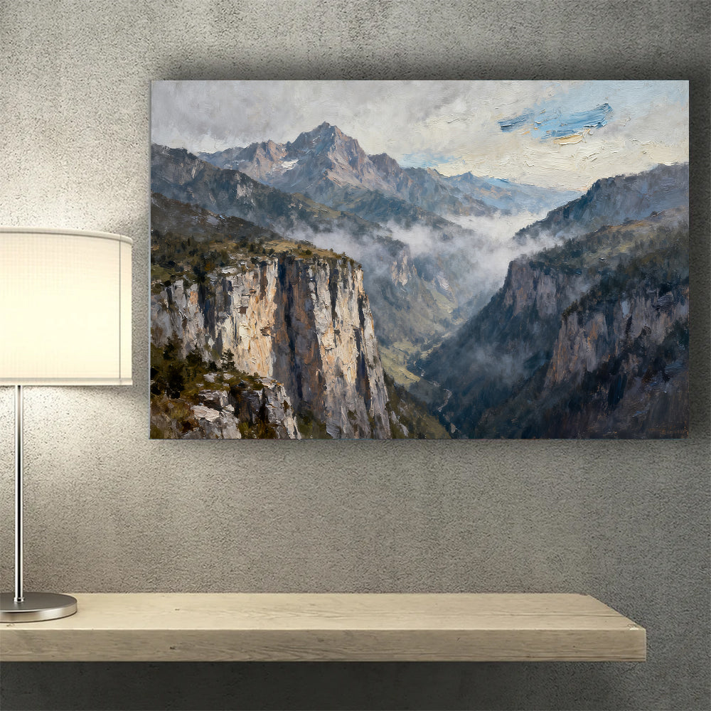 Silver Mist Granite Cliffs canvas wall art, wall mockup above a console.