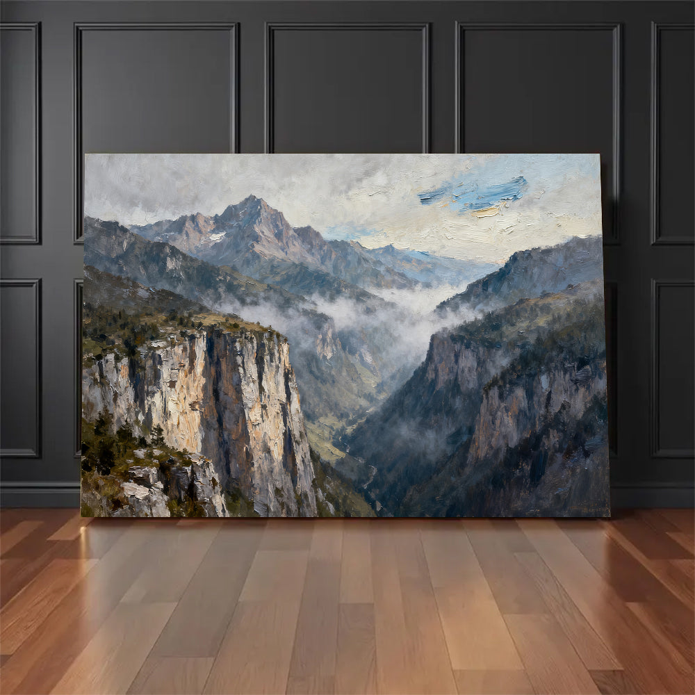 Silver Mist Granite Cliffs canvas wall art, floor display against a dark wall.