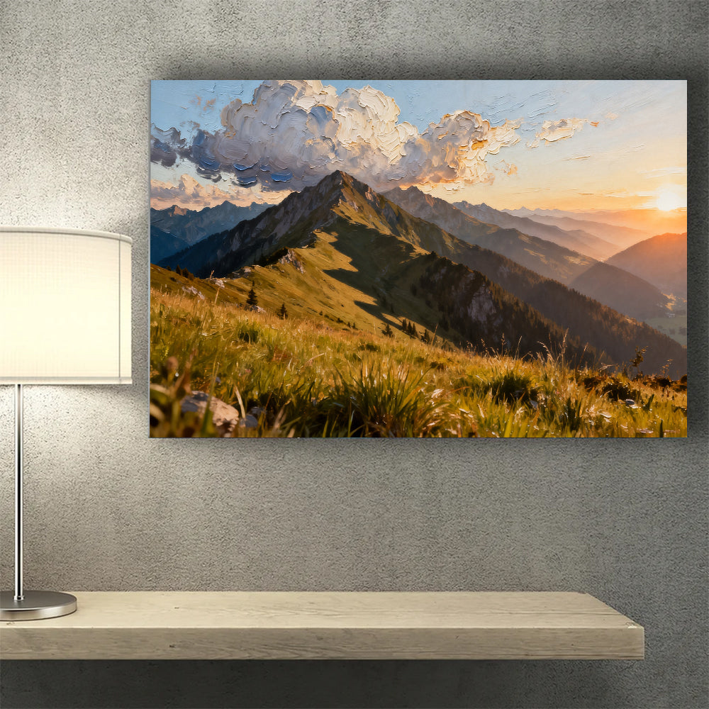 Golden Grass Mountain canvas wall art, wall mockup above a console.