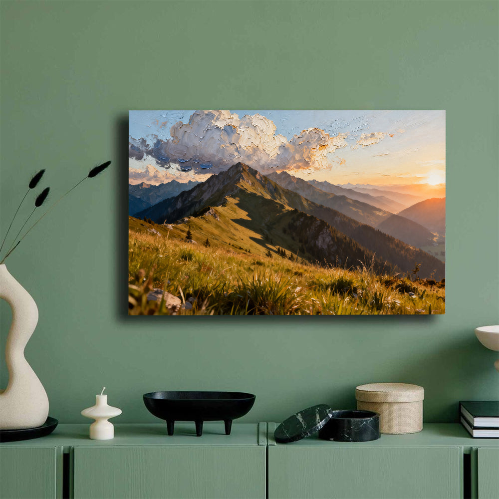 Golden Grass Mountain canvas wall art, mockup on a green wall.