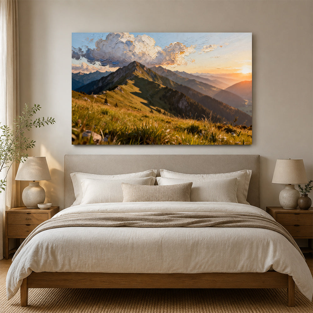 Golden Grass Mountain canvas wall art, bedroom mockup above a bed.