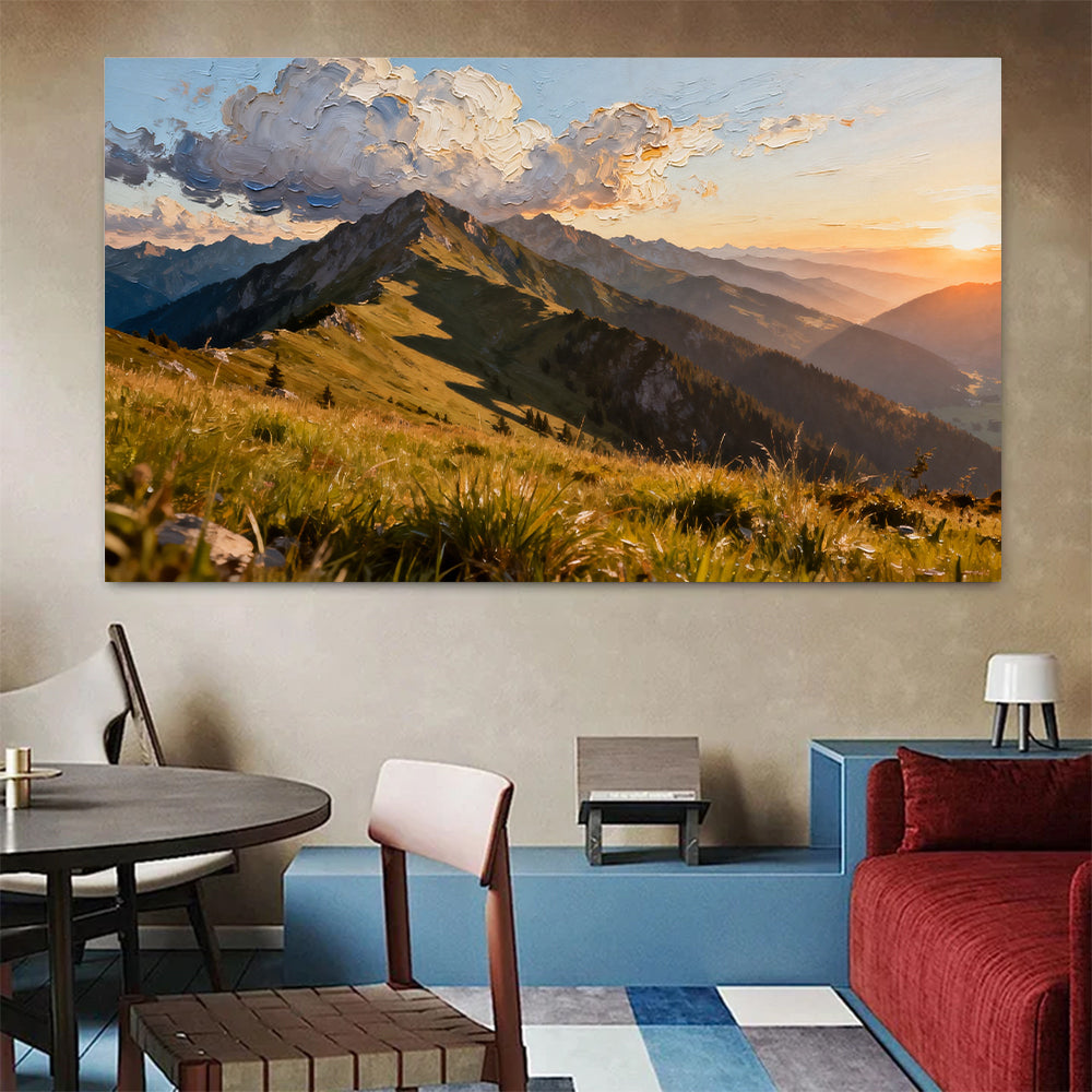 Golden Grass Mountain canvas wall art, colorful room mockup.