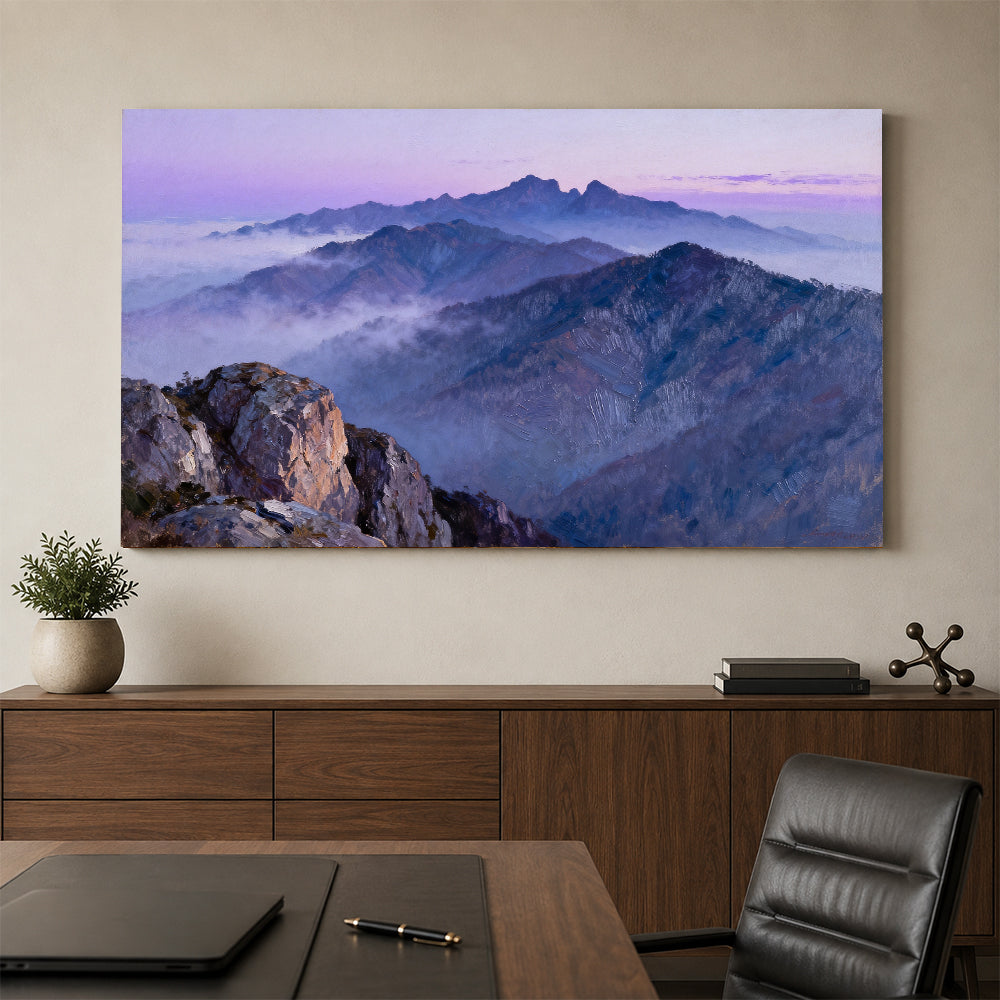 Purple Mountain Haze canvas wall art, office mockup above a desk.