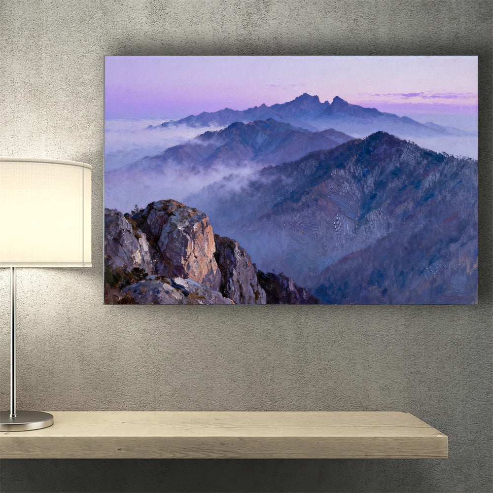 Purple Mountain Haze canvas wall art, wall mockup above a console.